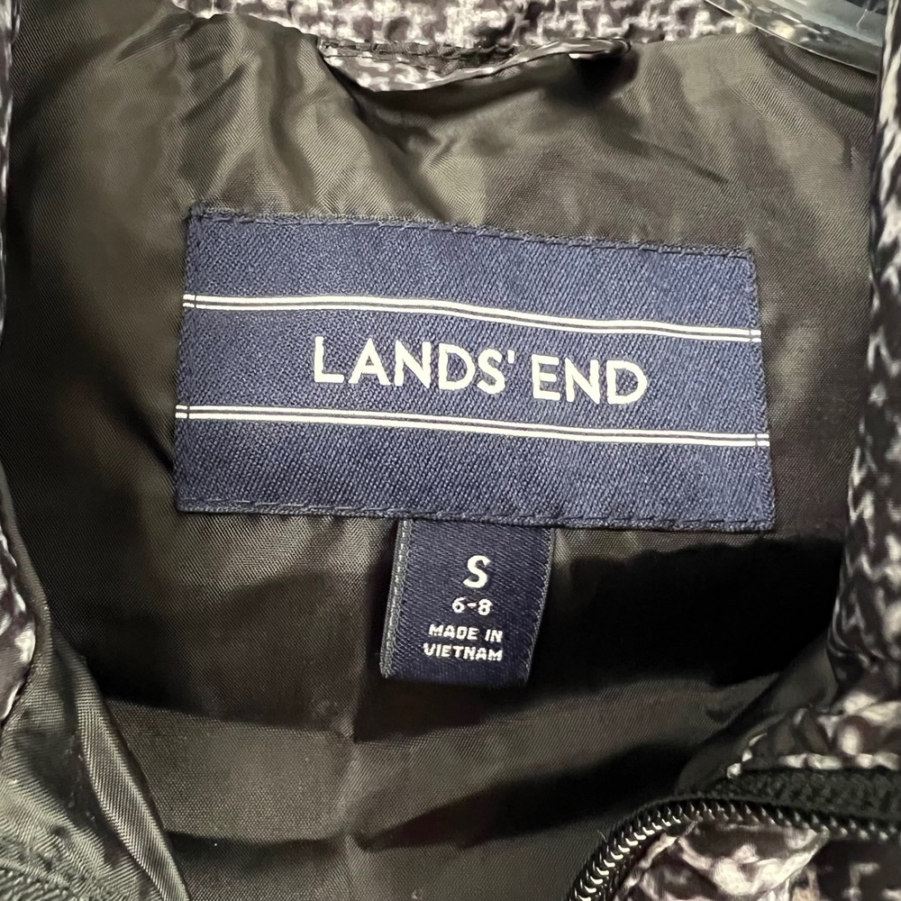 Lands End Womens Down Puffer Vest Black White Tweed Print Size S 6-8 Zip Up - Picture 2 of 10